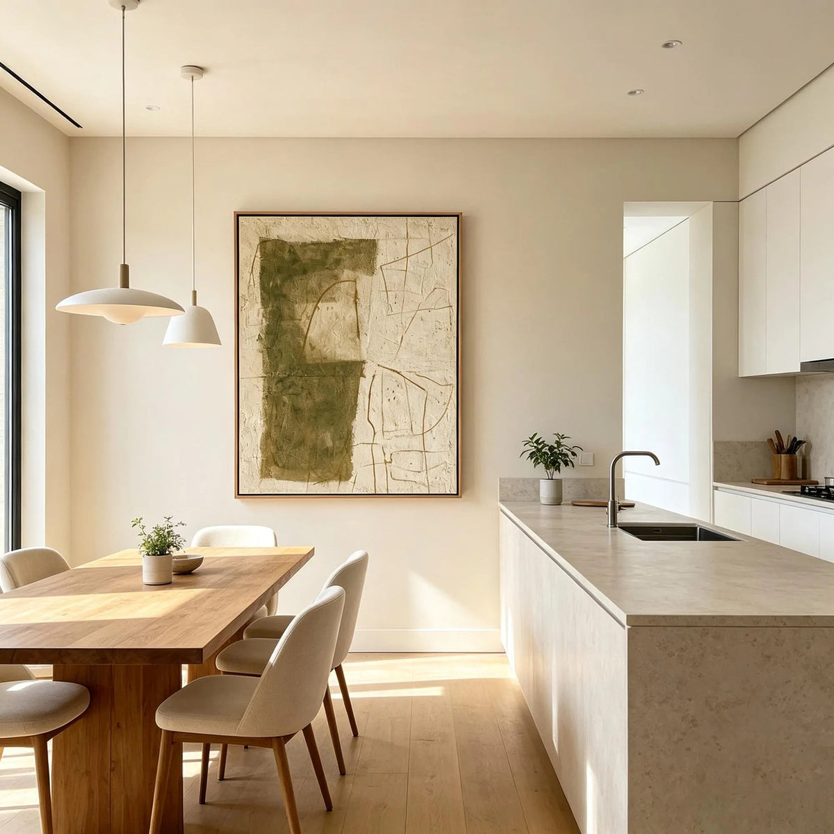 Olive green blocks and fine wandering lines across a warm beige vertical abstract composition, shown in room setting 3.