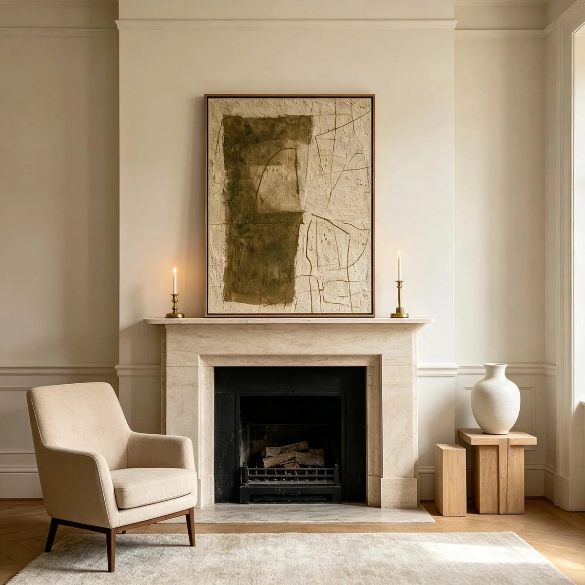Olive green blocks and fine wandering lines across a warm beige vertical abstract composition, shown in room setting 4.