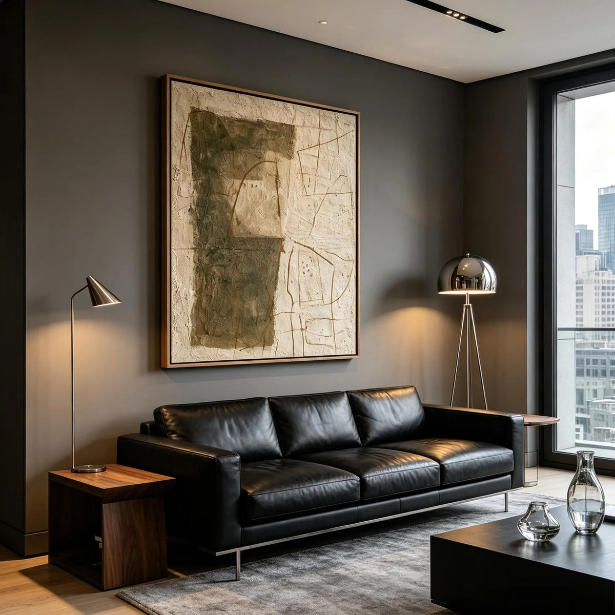 Olive green blocks and fine wandering lines across a warm beige vertical abstract composition, shown in room setting 5.
