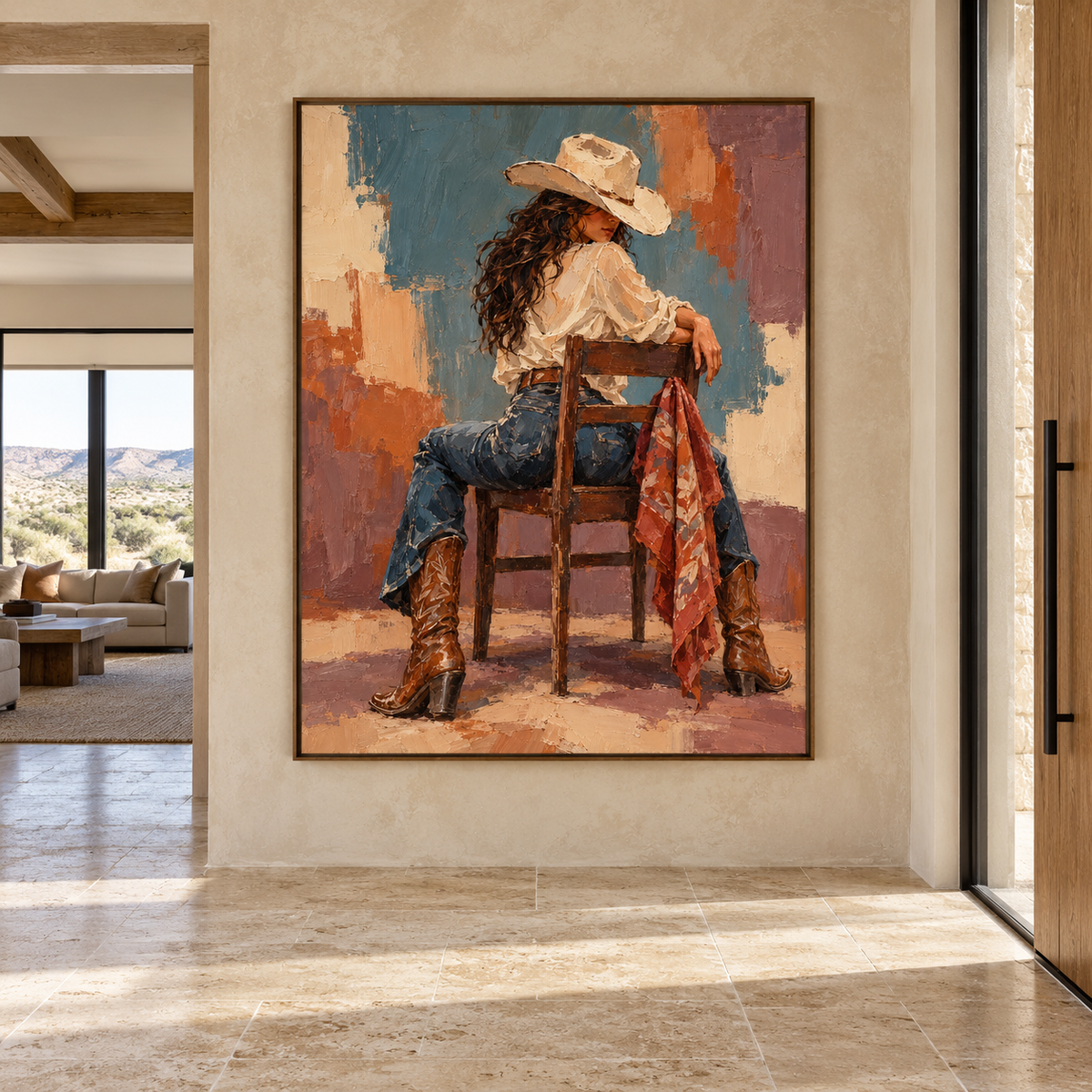 A cowgirl in a tan hat, white shirt, blue jeans and brown boots seated backward on a wooden chair looking over her shoulder beside a red patterned scarf and blocks of blue, cream and rust, shown in room setting 2.