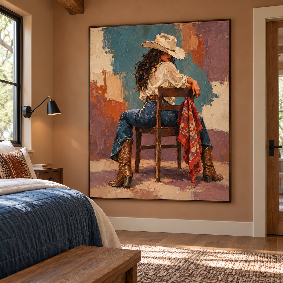 A cowgirl in a tan hat, white shirt, blue jeans and brown boots seated backward on a wooden chair looking over her shoulder beside a red patterned scarf and blocks of blue, cream and rust, shown in room setting 3.