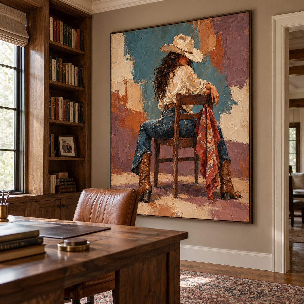 A cowgirl in a tan hat, white shirt, blue jeans and brown boots seated backward on a wooden chair looking over her shoulder beside a red patterned scarf and blocks of blue, cream and rust, shown in room setting 4.