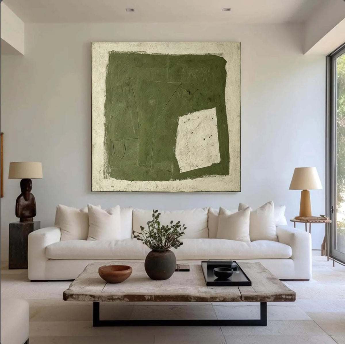 A rough-edged olive green square with a small off-white opening near its lower right corner, shown in room setting 3.