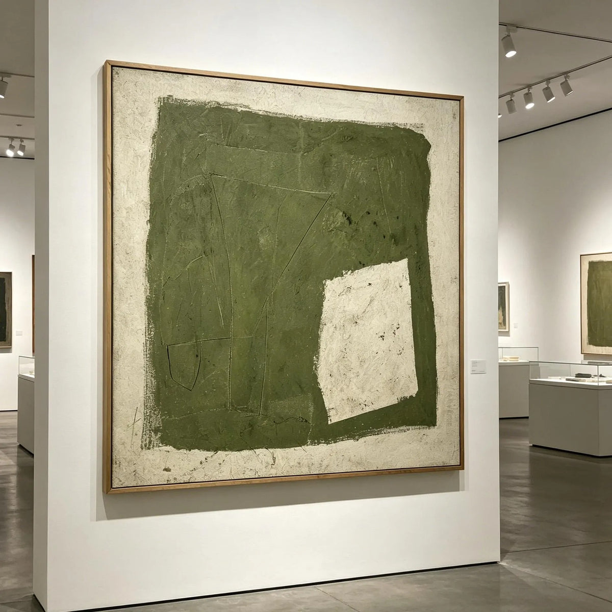 A rough-edged olive green square with a small off-white opening near its lower right corner, shown in room setting 4.