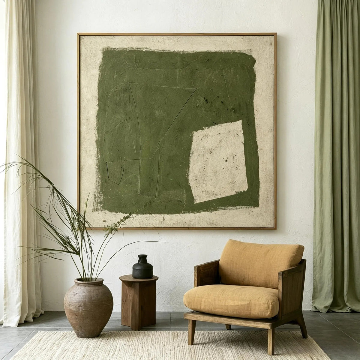 A rough-edged olive green square with a small off-white opening near its lower right corner, shown in room setting 5.