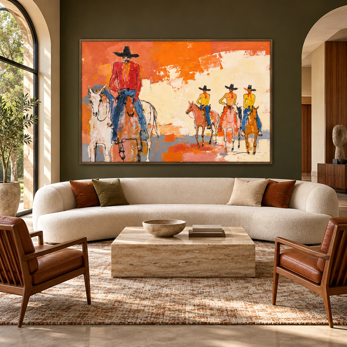 Cowboy in red leading three riders on horseback across an orange and cream Western scene, displayed above a sofa