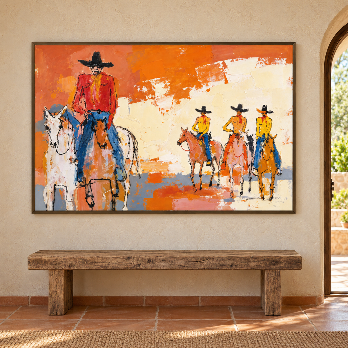Western riders on horseback in bold orange, blue, and red, displayed as cowboy horse wall art