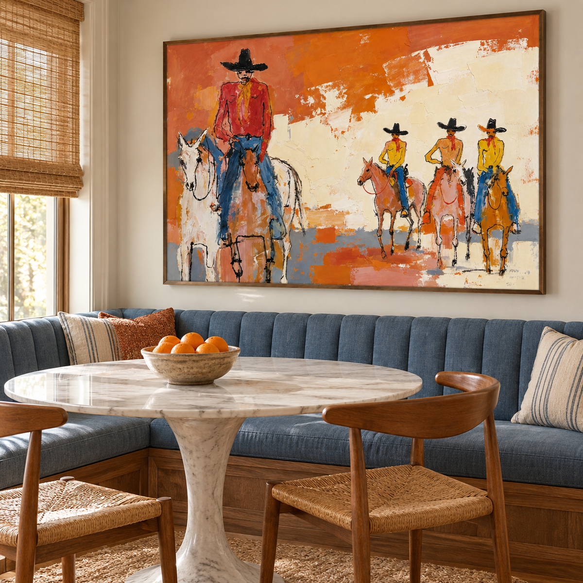 Four mounted cowboys crossing an open range, shown in a styled living room