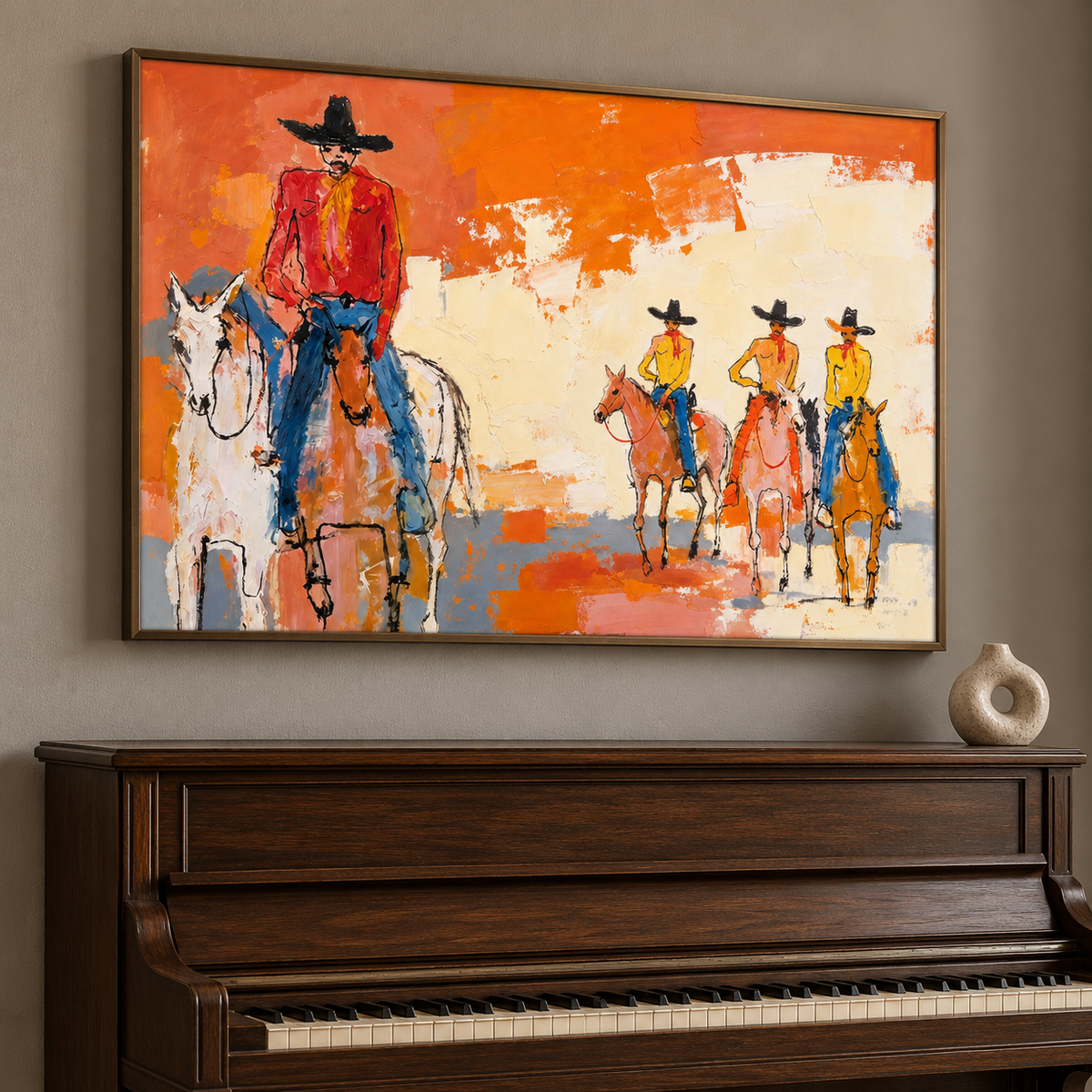 Colorful cowboy riders and horses against an orange sky, shown close to a fireplace
