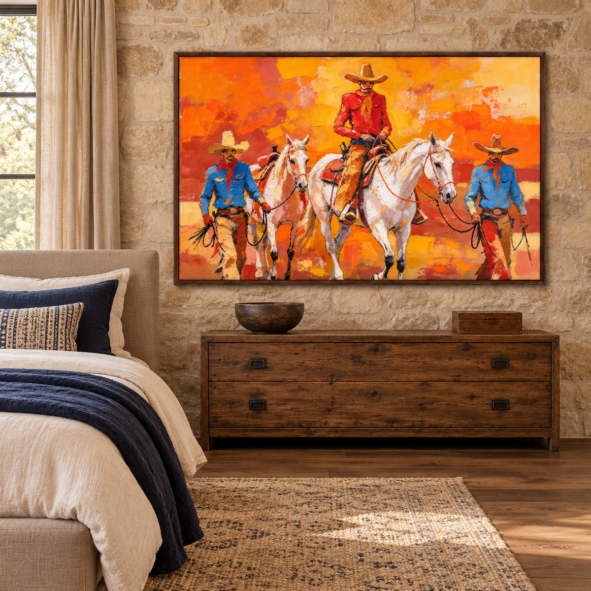 Colorful Western riders against a vivid orange sky, shown in a bedroom interior