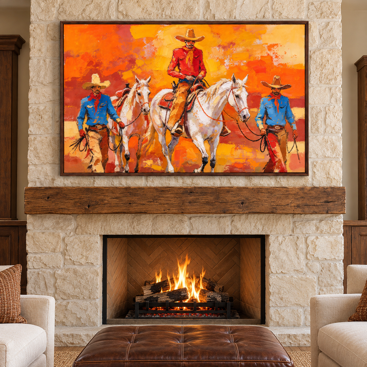Three mounted cowboys in red and blue shirts, displayed as Western wall art