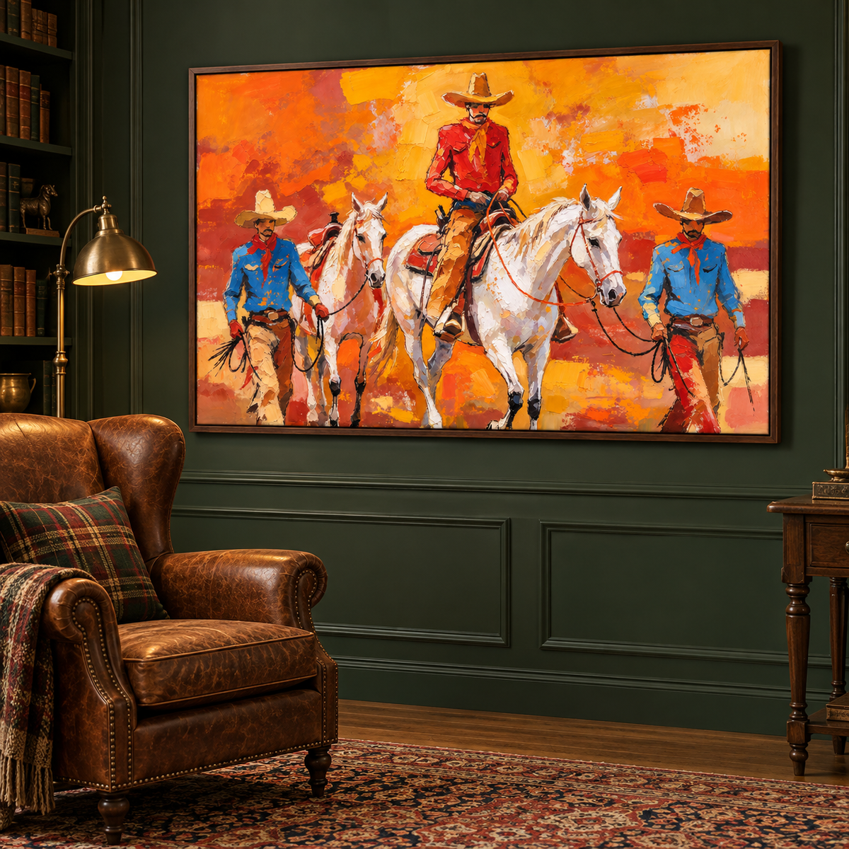 Cowboys on white horses in a sunset-colored painting, shown in a reading room