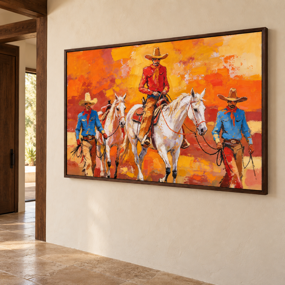 Three riders at sundown, framed above a hallway console