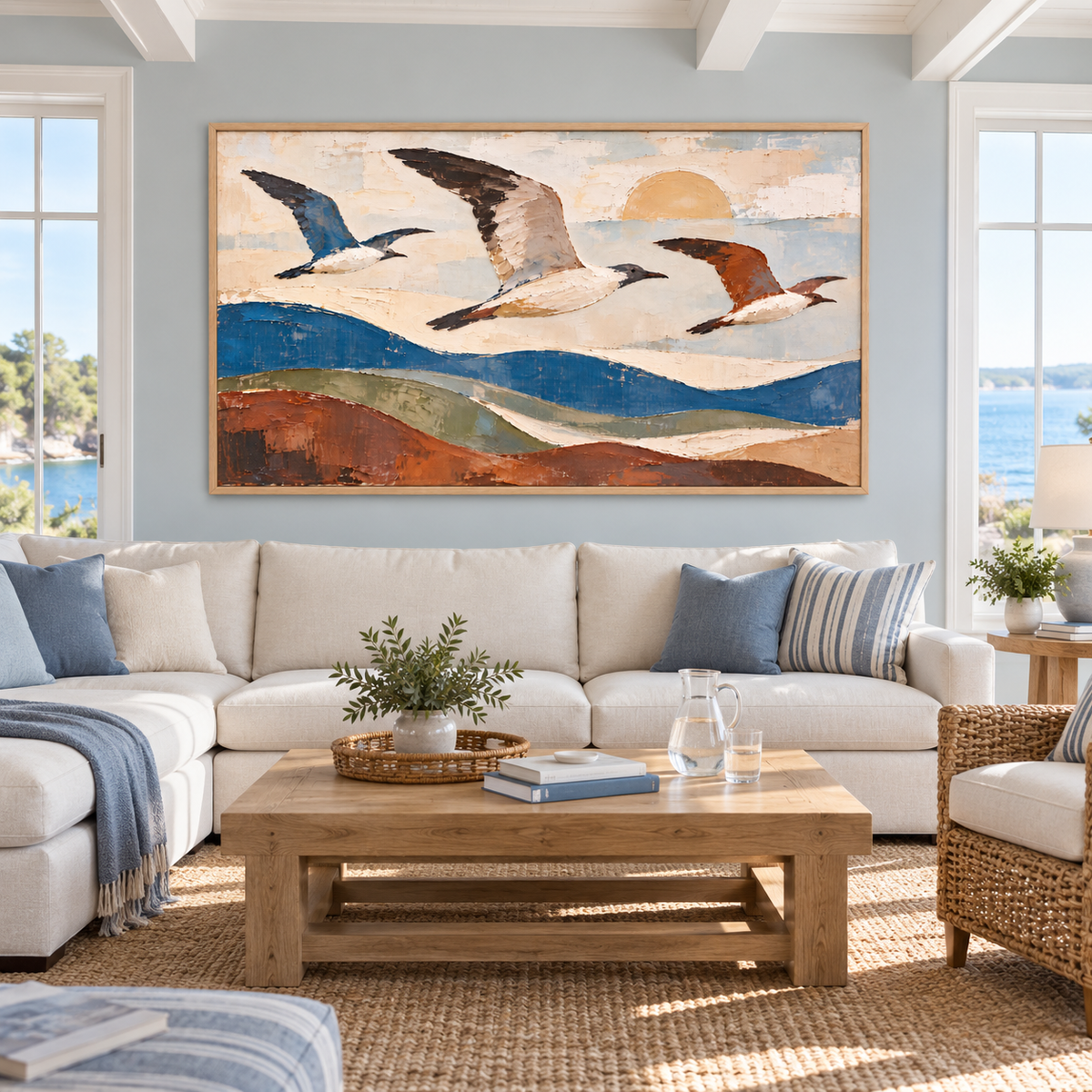 Three birds in flight above rolling blue, sage, and rust-colored hills beneath a pale sun, in a modern coastal living room.