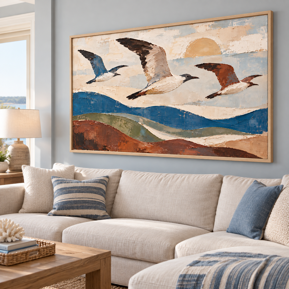 Three birds in flight above rolling blue, sage, and rust-colored hills beneath a pale sun, shown from an angle in a living room.