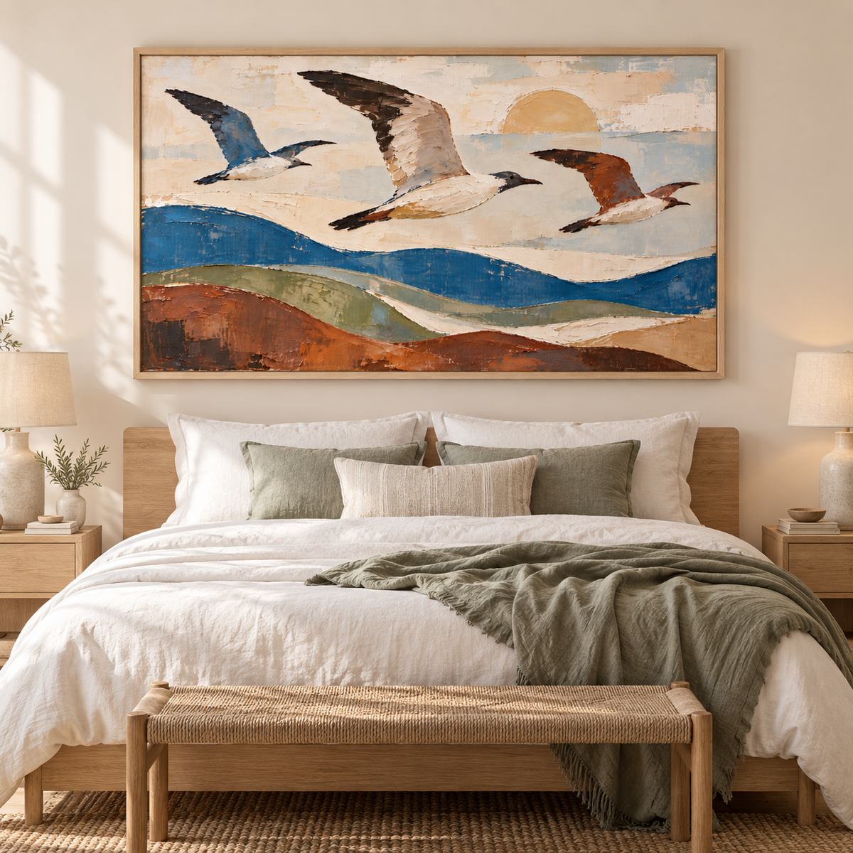 Three birds in flight above rolling blue, sage, and rust-colored hills beneath a pale sun, above a bed in a Scandinavian-style bedroom.