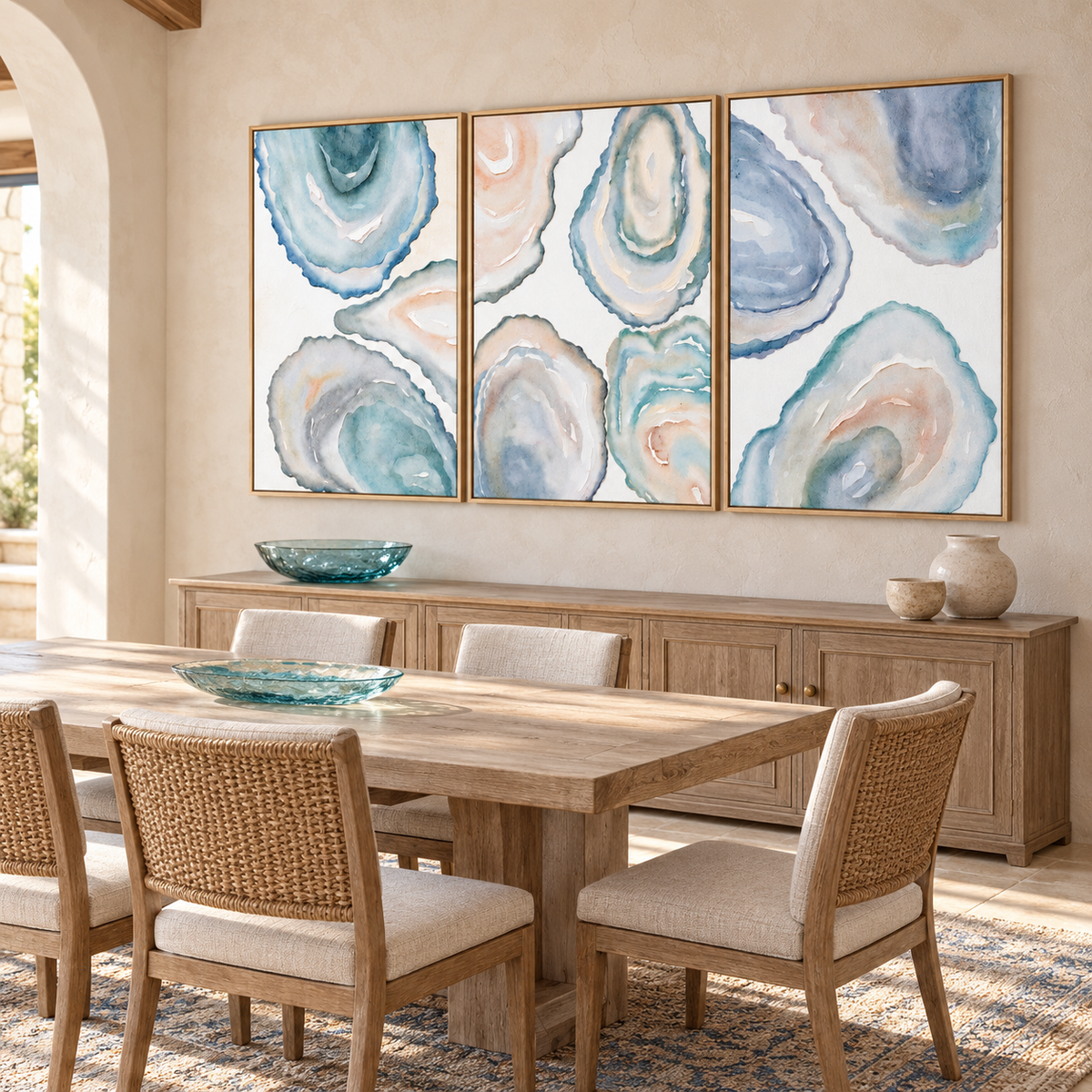 Three vertical panels of overlapping oyster-shell interiors in cloudy blue, pale aqua, warm white and soft blush, with curved ridges and layered centers, shown from an angle in a dining room.