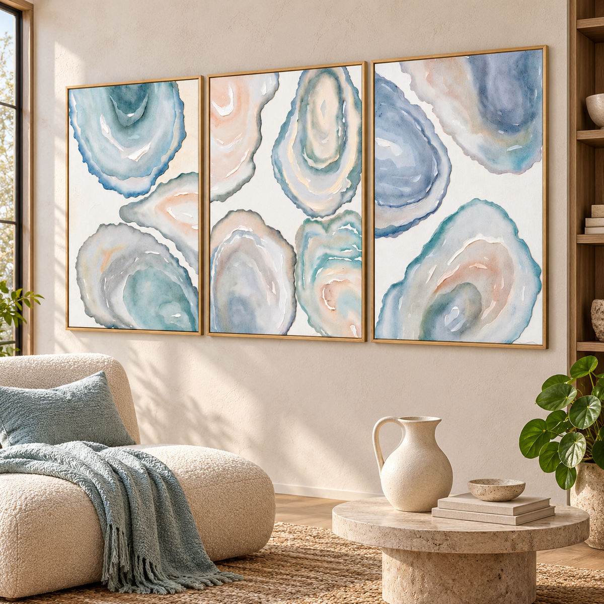 Three vertical panels of overlapping oyster-shell interiors in cloudy blue, pale aqua, warm white and soft blush, with curved ridges and layered centers, shown from an angle in a reading corner.