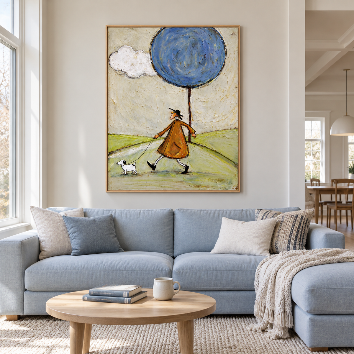 A long-nosed man in an orange coat walking a small white dog across pale green hills beneath an oversized round blue tree and a white cloud, shown in room setting 2.