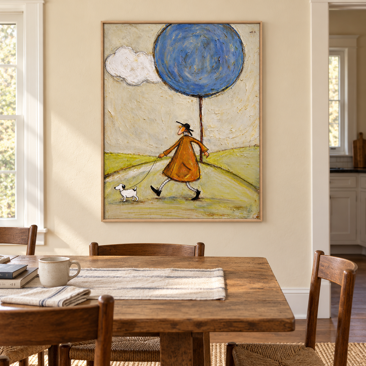 A long-nosed man in an orange coat walking a small white dog across pale green hills beneath an oversized round blue tree and a white cloud, shown in room setting 3.
