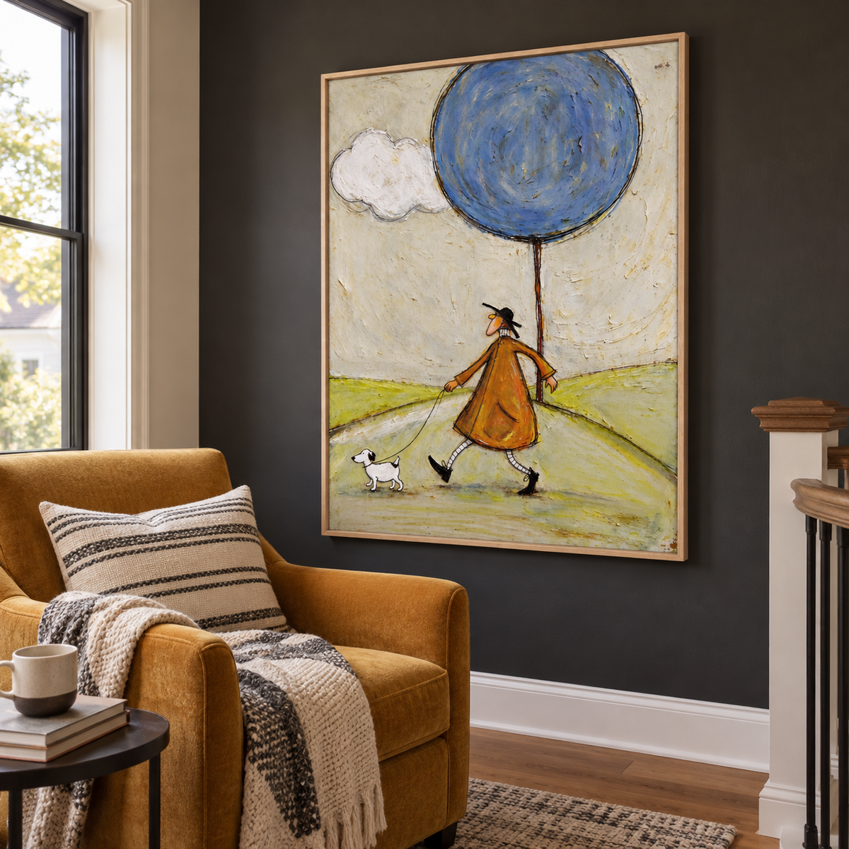A long-nosed man in an orange coat walking a small white dog across pale green hills beneath an oversized round blue tree and a white cloud, shown in room setting 4.