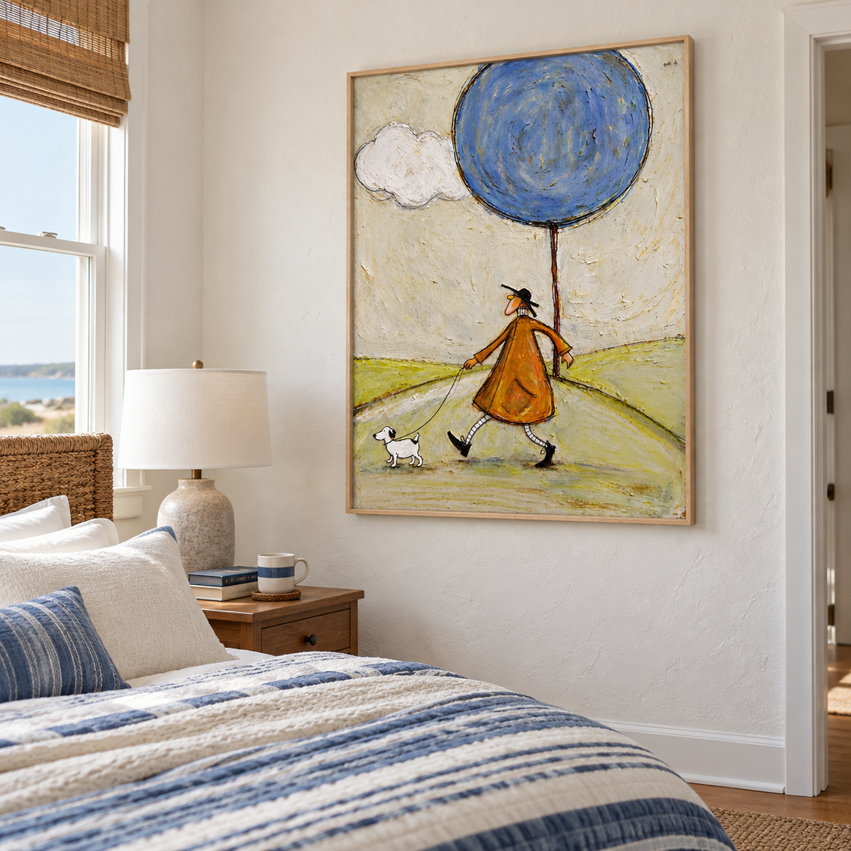 A long-nosed man in an orange coat walking a small white dog across pale green hills beneath an oversized round blue tree and a white cloud, shown in room setting 5.