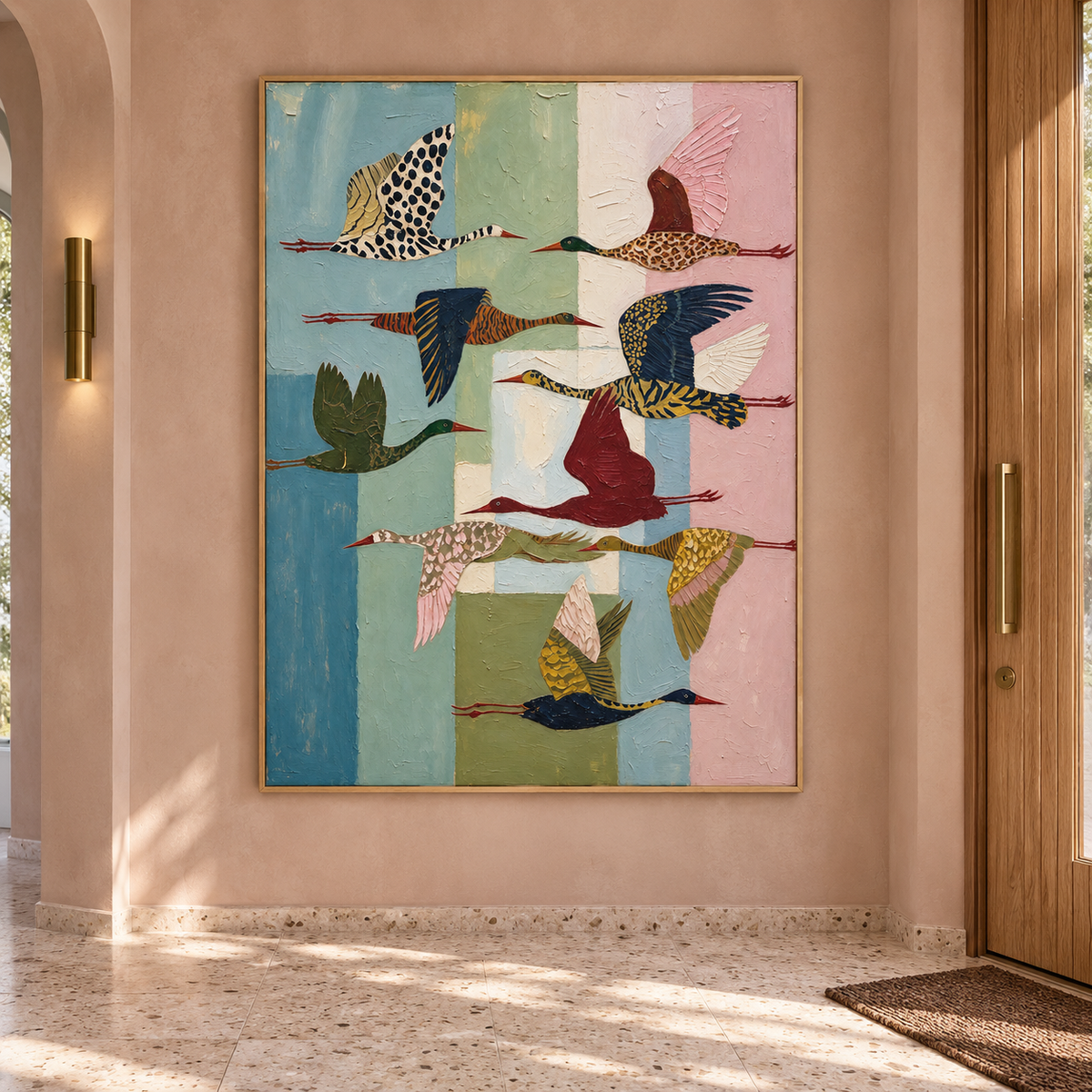 Patterned birds flying across a tall arrangement of pale blue, sage, cream, and pink blocks, in an Art Deco-inspired entryway.