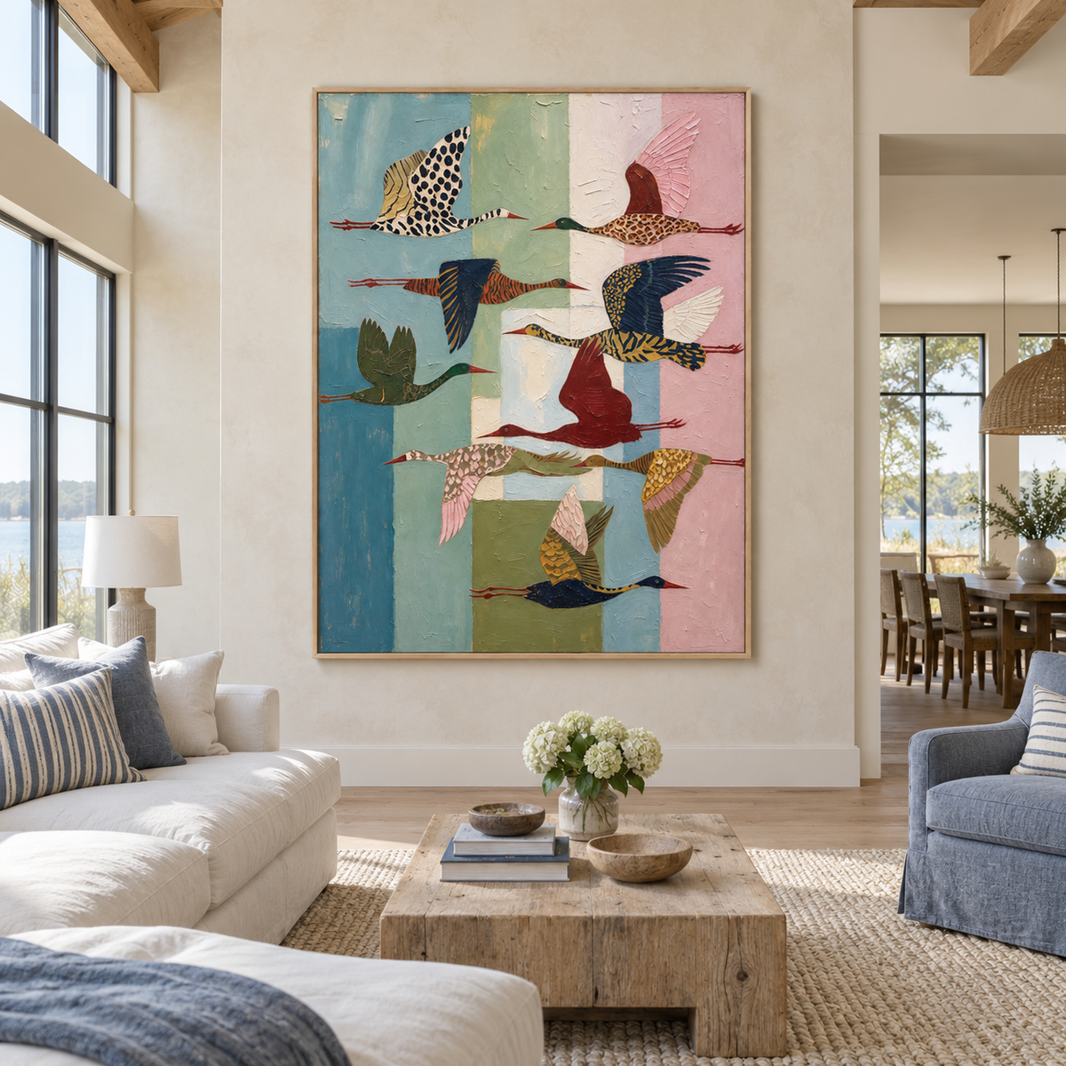 Patterned birds flying across a tall arrangement of pale blue, sage, cream, and pink blocks, in a coastal-style great room.