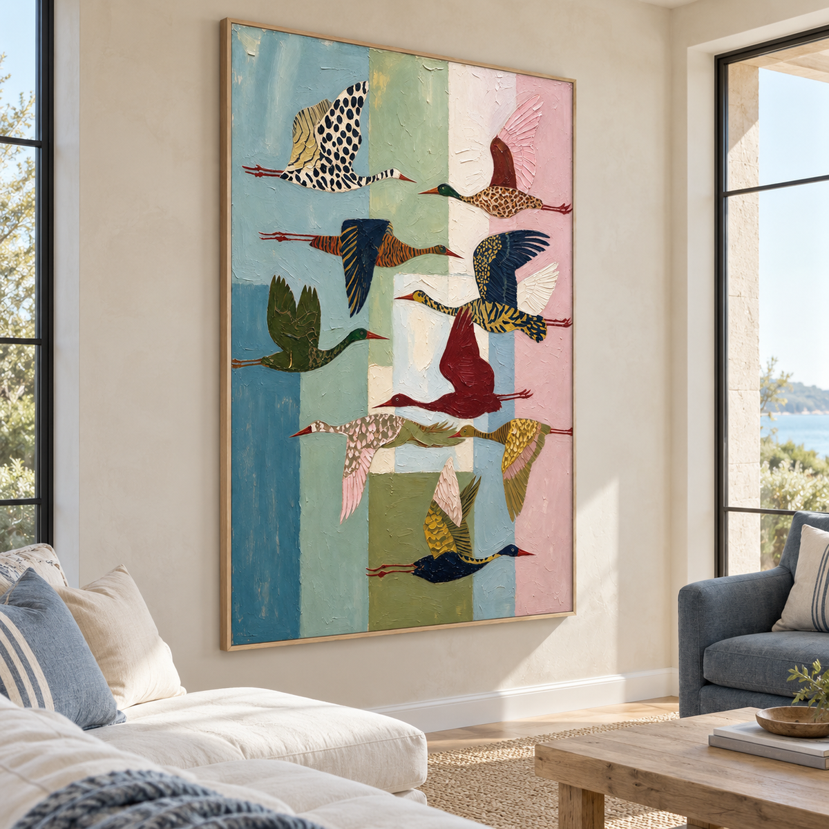 Patterned birds flying across a tall arrangement of pale blue, sage, cream, and pink blocks, shown from an angle in a living room.