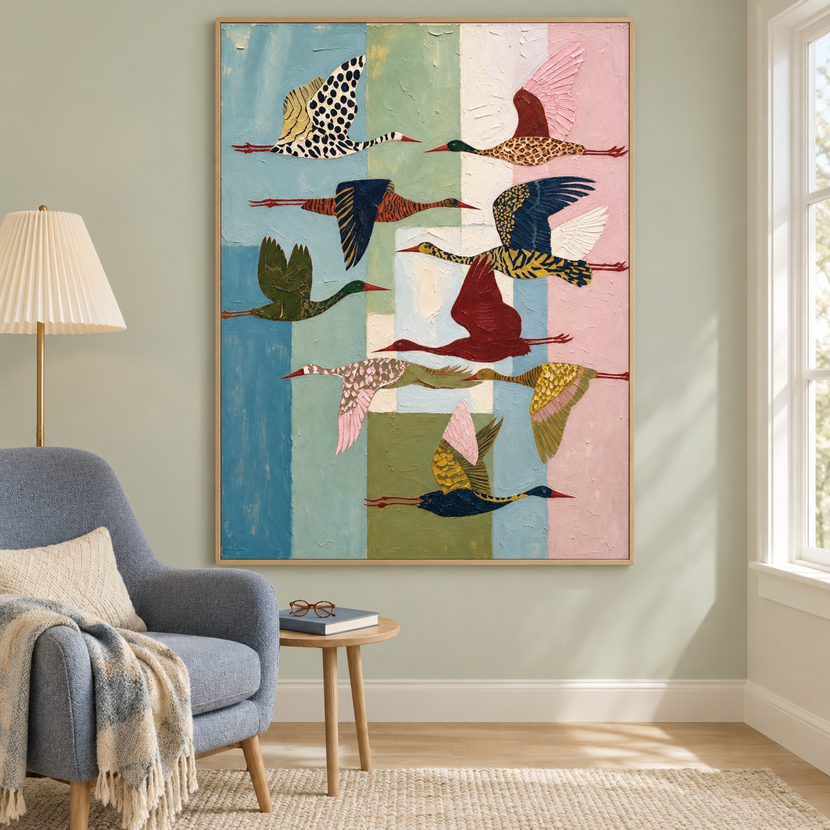 Patterned birds flying across a tall arrangement of pale blue, sage, cream, and pink blocks, in a Scandinavian-style reading room.