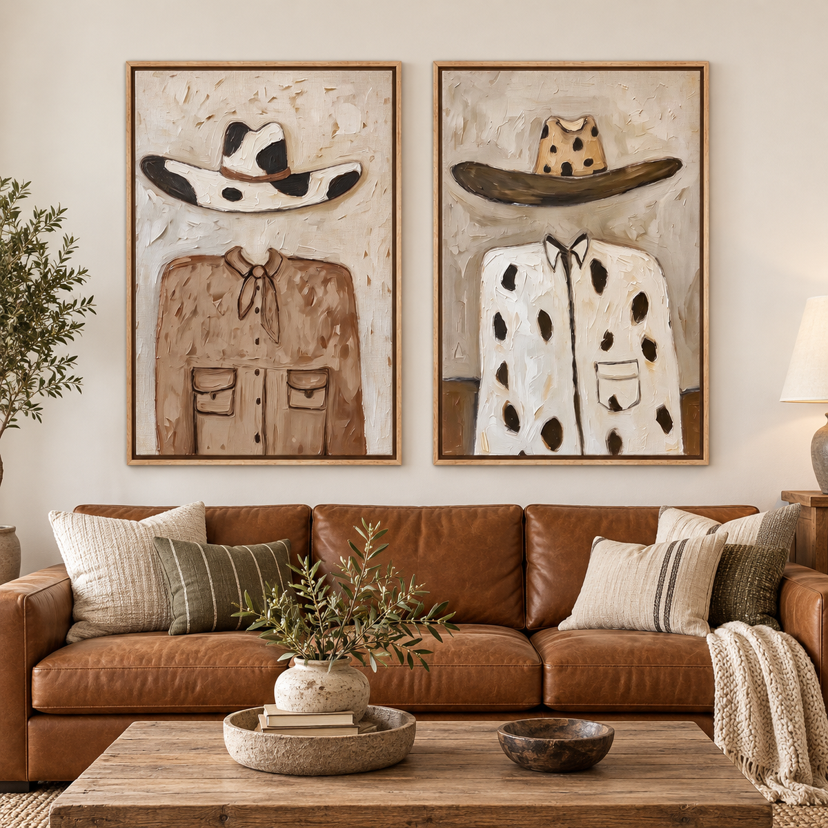 A two-panel Western wall art set showing a cow-print hat above a brown shirt on the left and a brown-brimmed spotted hat above a cream cow-print shirt on the right, shown in room setting 1.