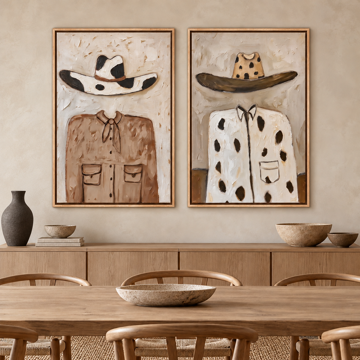 A two-panel Western wall art set showing a cow-print hat above a brown shirt on the left and a brown-brimmed spotted hat above a cream cow-print shirt on the right, shown in room setting 2.