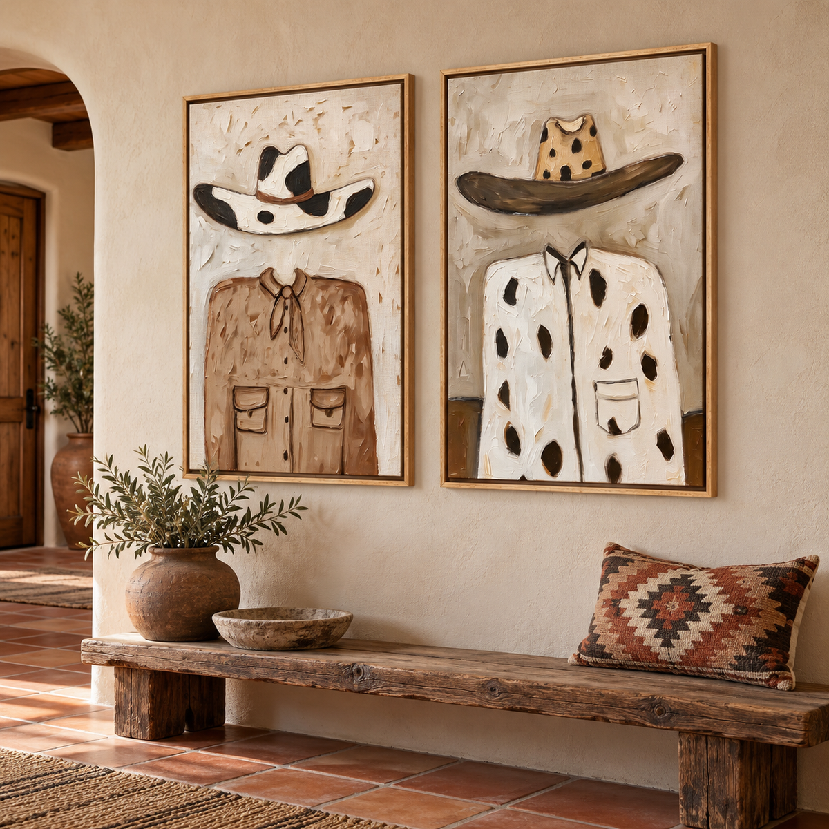 A two-panel Western wall art set showing a cow-print hat above a brown shirt on the left and a brown-brimmed spotted hat above a cream cow-print shirt on the right, shown in room setting 4.