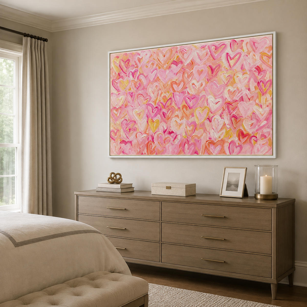 Pink, peach, and yellow hearts layered across a warm pink background, shown from an angle in a bedroom.