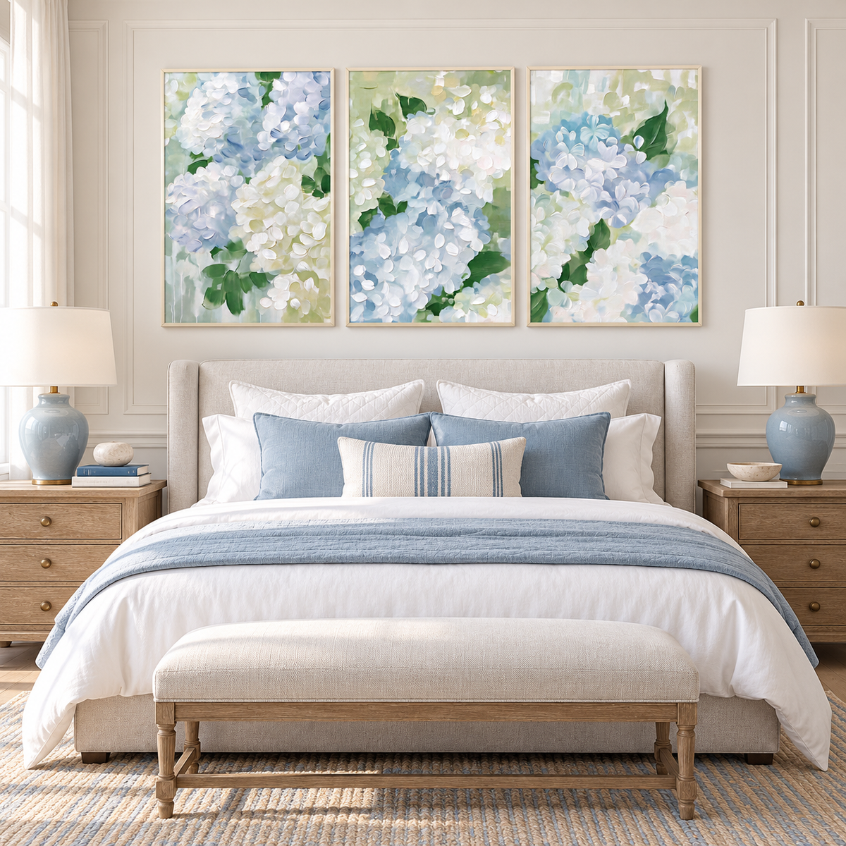 A three-panel hydrangea wall art set with close-up clusters of pale blue and white petals and green leaves spread across three separate vertical panels, in a bedroom.