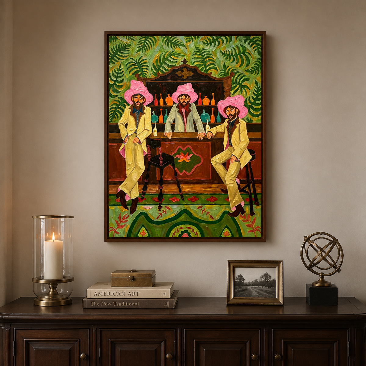 Three men in pink hats at a wooden bar with green leaf patterns and colorful bottles, in a dining room.