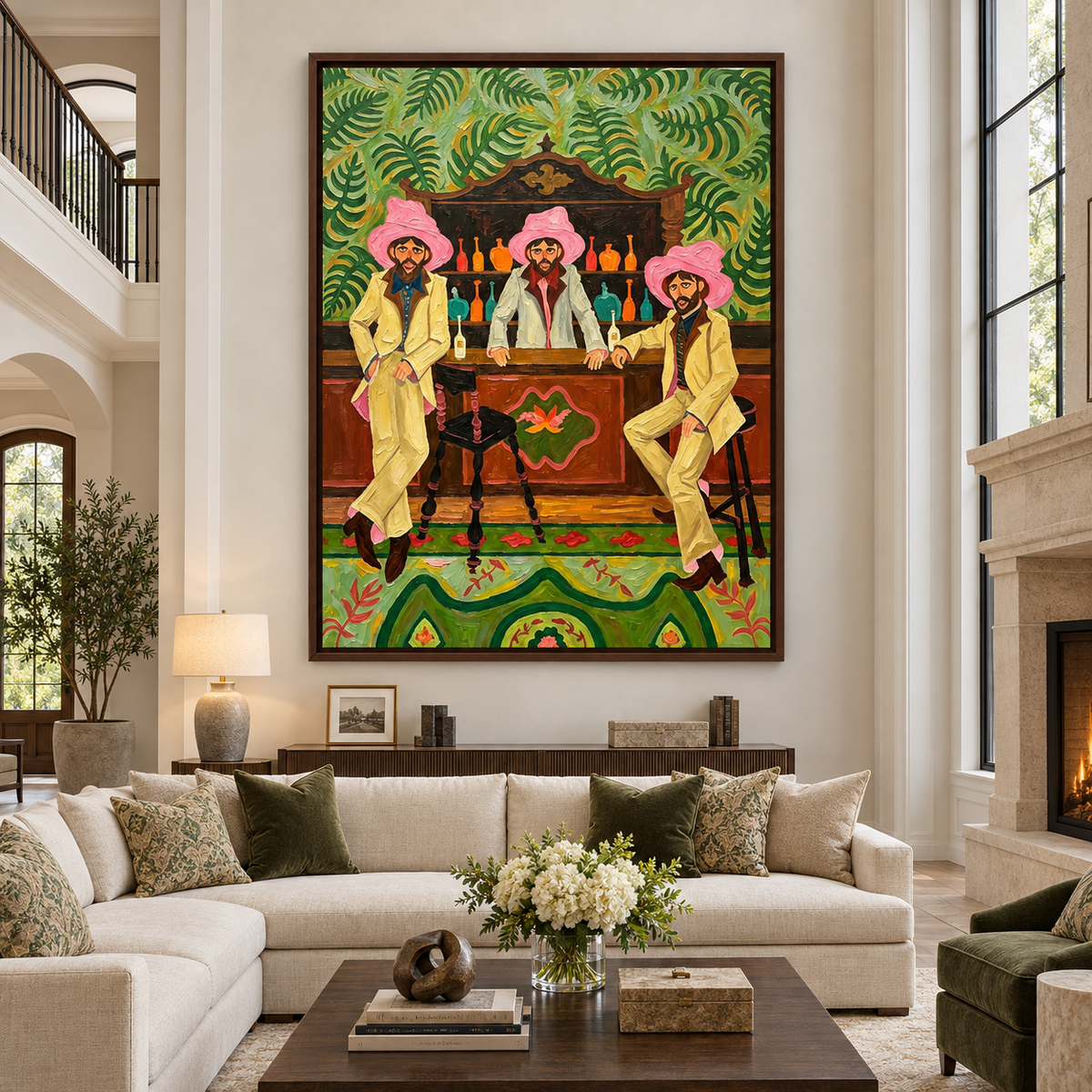 Three men in pink hats at a wooden bar with green leaf patterns and colorful bottles, in a large living room.
