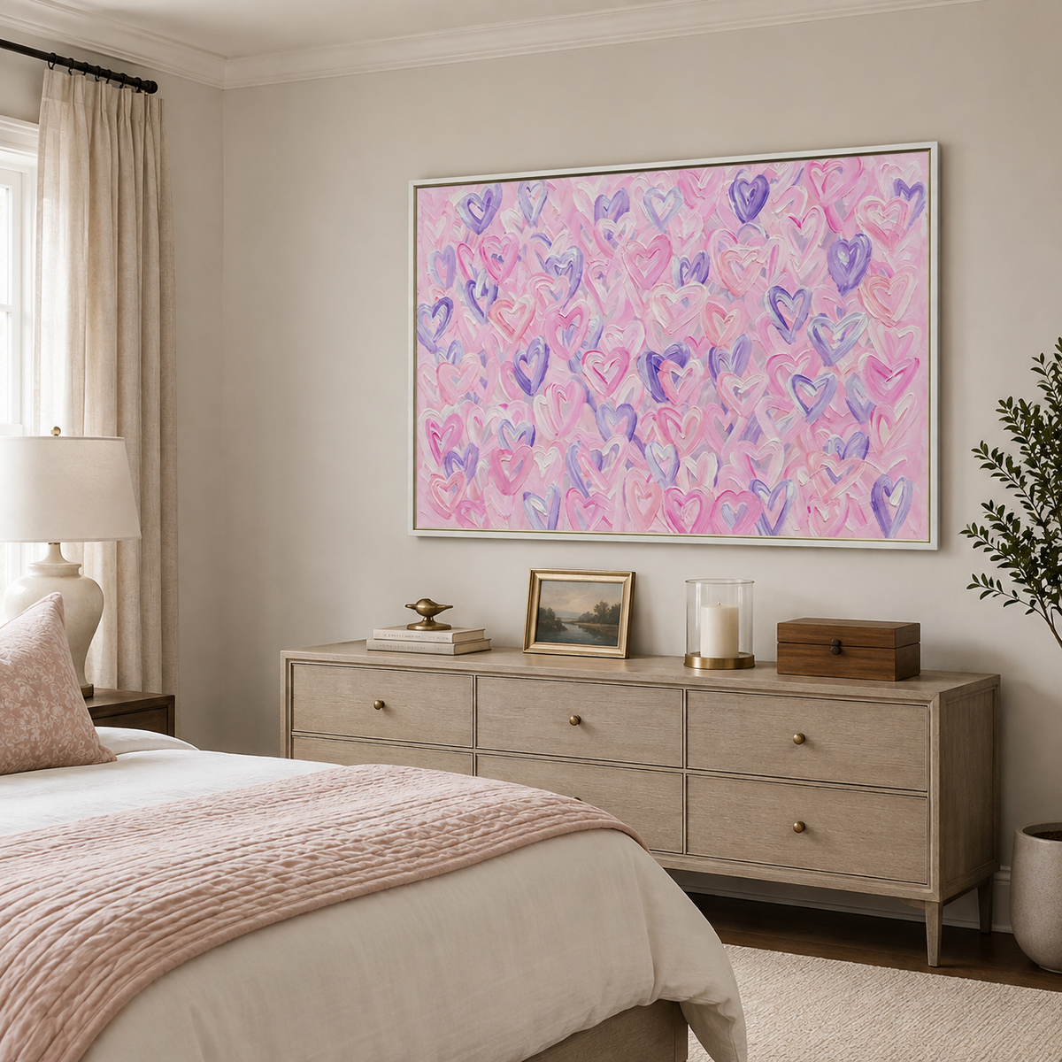 Pink, lavender, and white hearts with deep purple accents across a pale pink background, shown from an angle in a bedroom.
