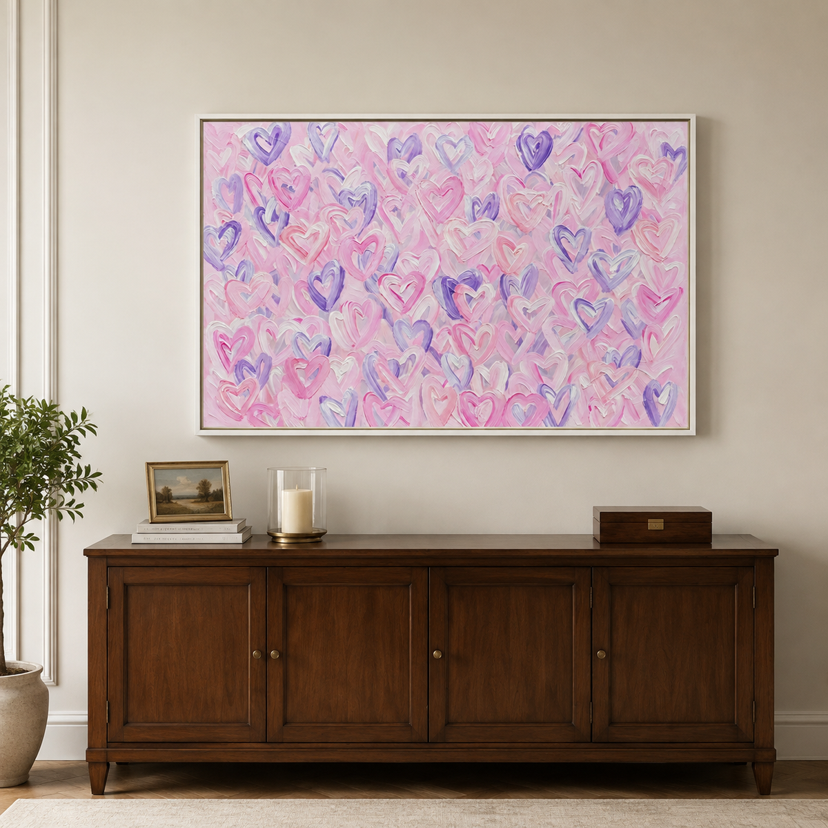 Pink, lavender, and white hearts with deep purple accents across a pale pink background, in a dining room.