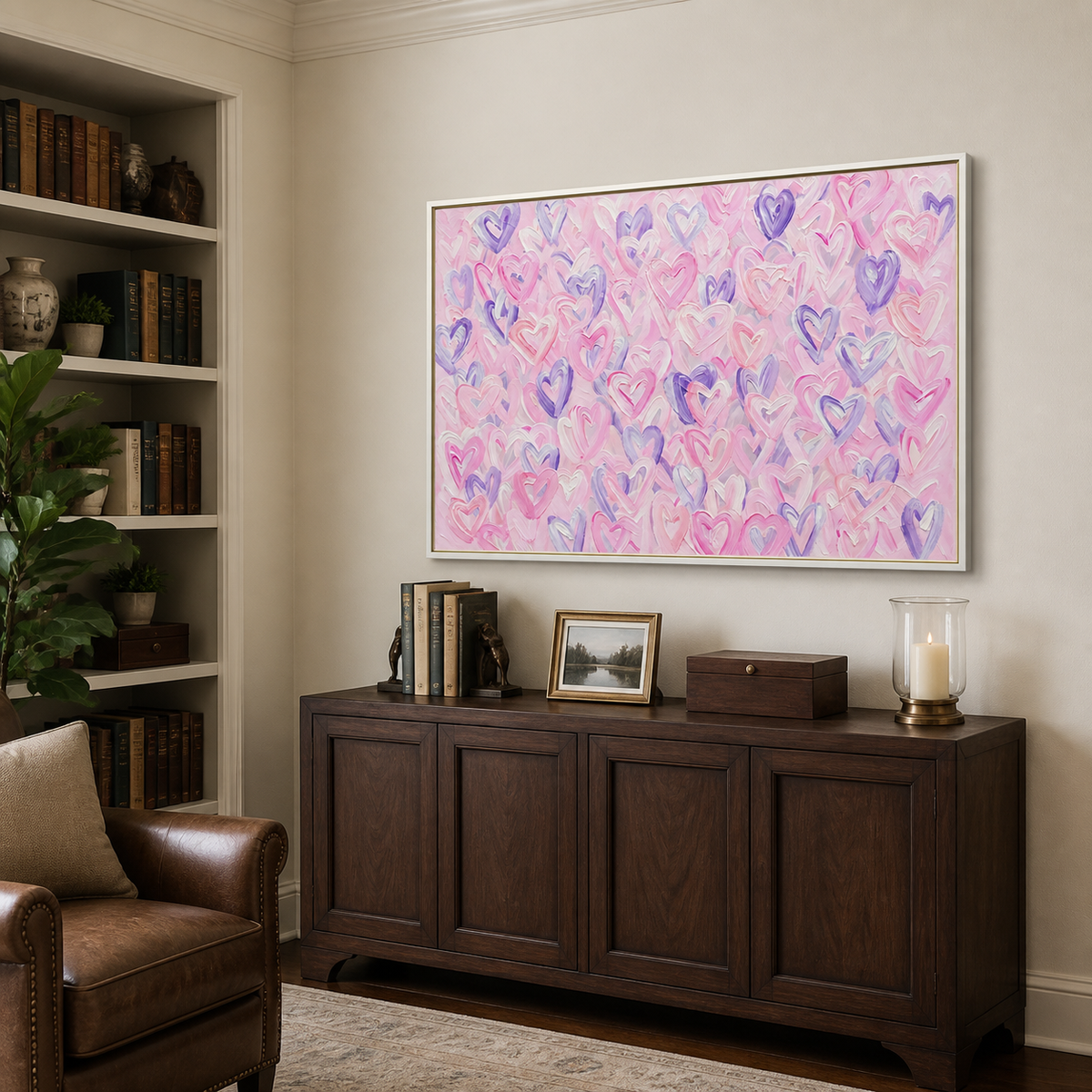 Pink, lavender, and white hearts with deep purple accents across a pale pink background, shown from an angle in a study.