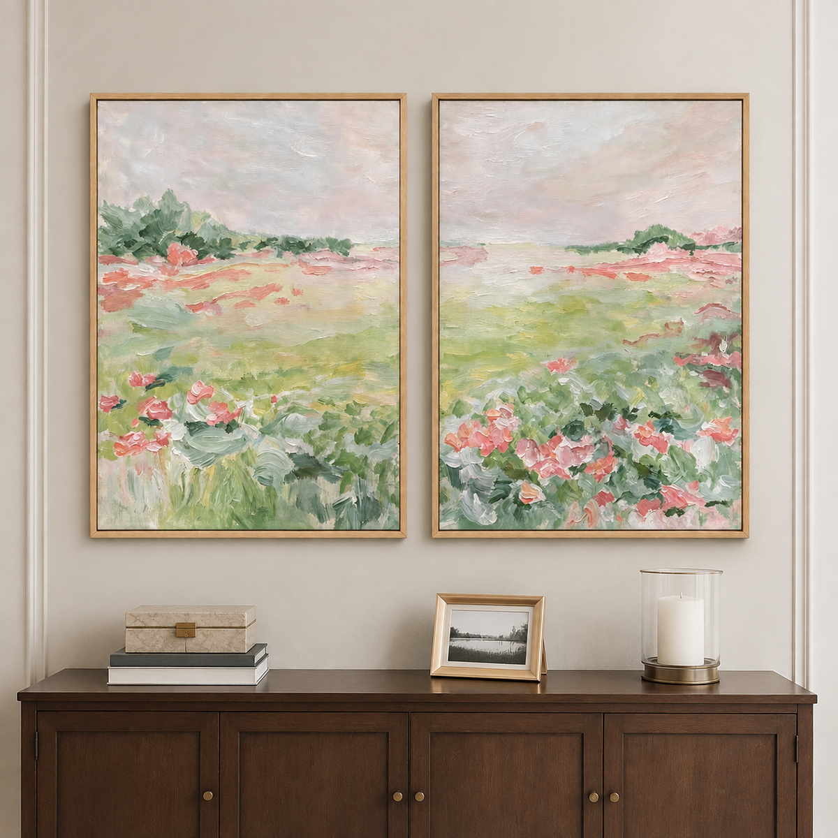 Pink flowers and soft green meadow grasses beneath a pale sky across two panels, in a dining room.