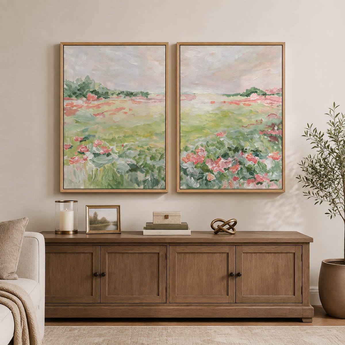 Pink flowers and soft green meadow grasses beneath a pale sky across two panels, in a living room.