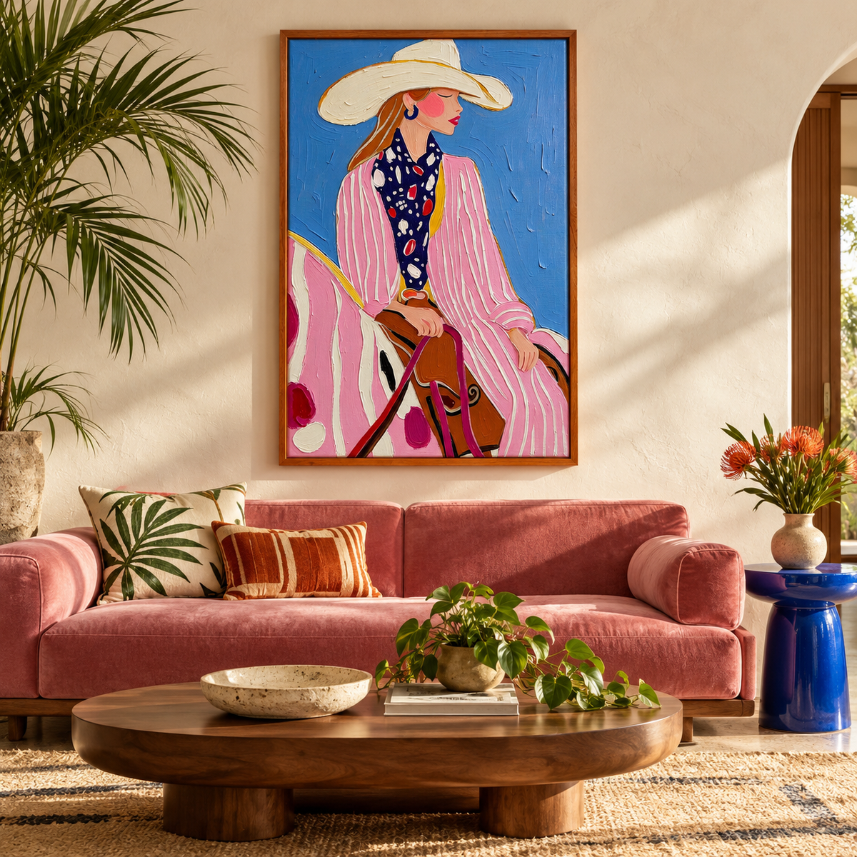 A cowgirl in a pink-and-white striped outfit, cream cowboy hat and dark patterned scarf seated on a pink-and-white horse against a bright blue background, shown in room setting 1.