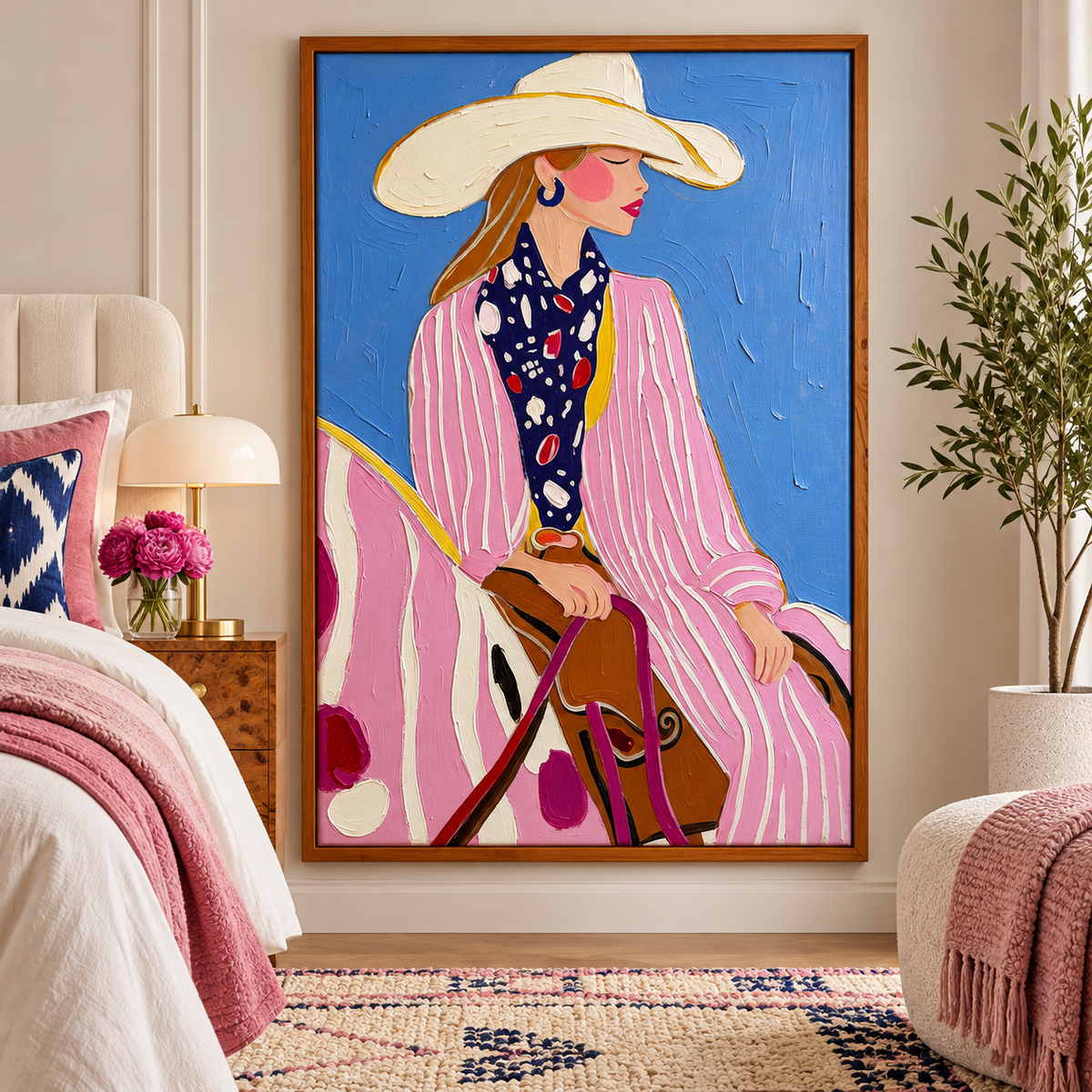 A cowgirl in a pink-and-white striped outfit, cream cowboy hat and dark patterned scarf seated on a pink-and-white horse against a bright blue background, shown in room setting 3.