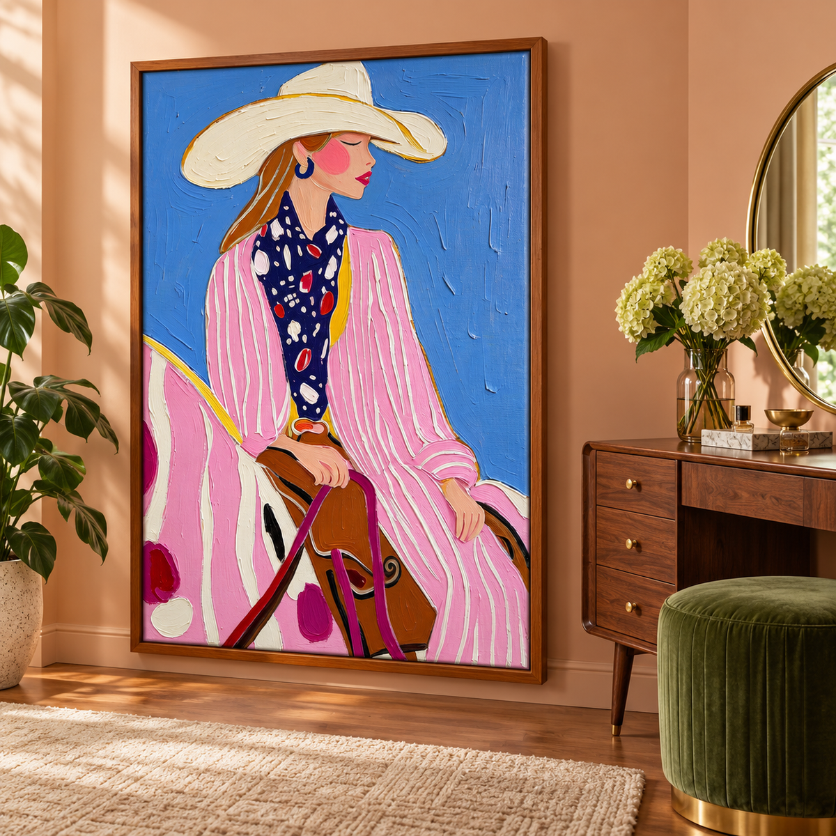 A cowgirl in a pink-and-white striped outfit, cream cowboy hat and dark patterned scarf seated on a pink-and-white horse against a bright blue background, shown in room setting 5.