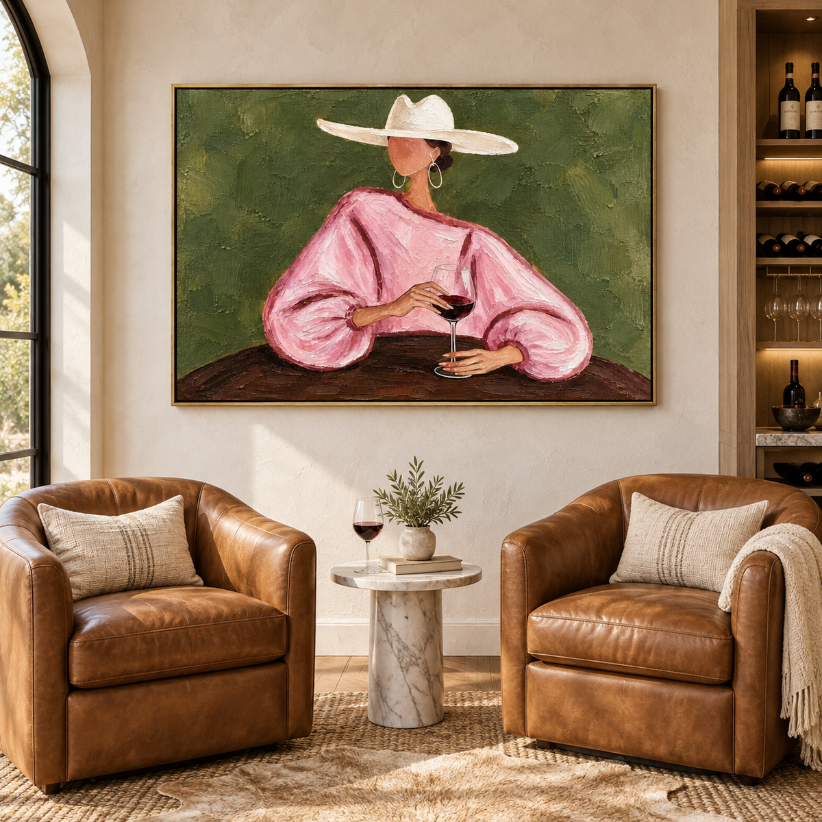 A woman in a loose pink blouse and wide white cowboy hat holding a glass of red wine at a dark table against an olive-green background, shown in room setting 3.