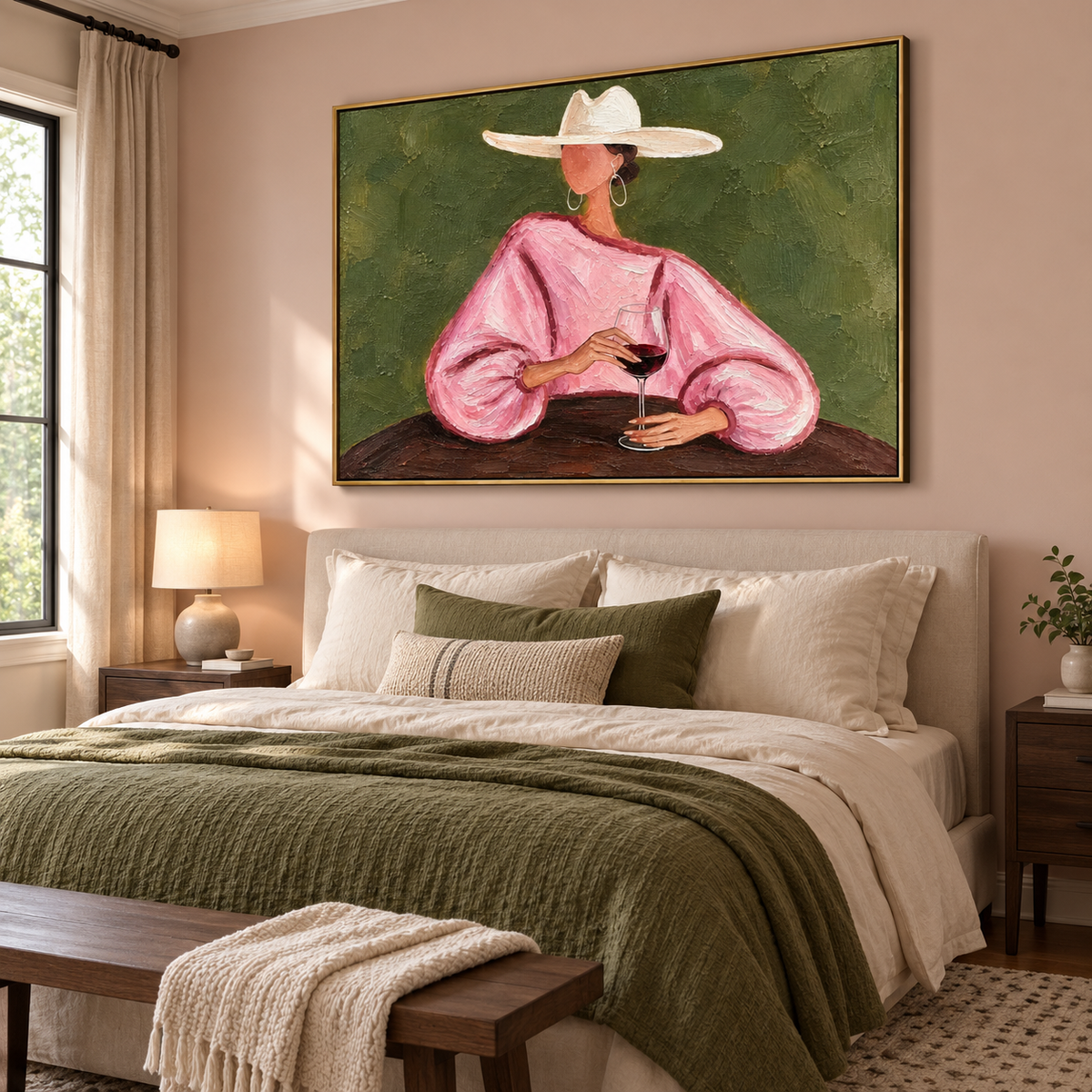 A woman in a loose pink blouse and wide white cowboy hat holding a glass of red wine at a dark table against an olive-green background, shown in room setting 5.