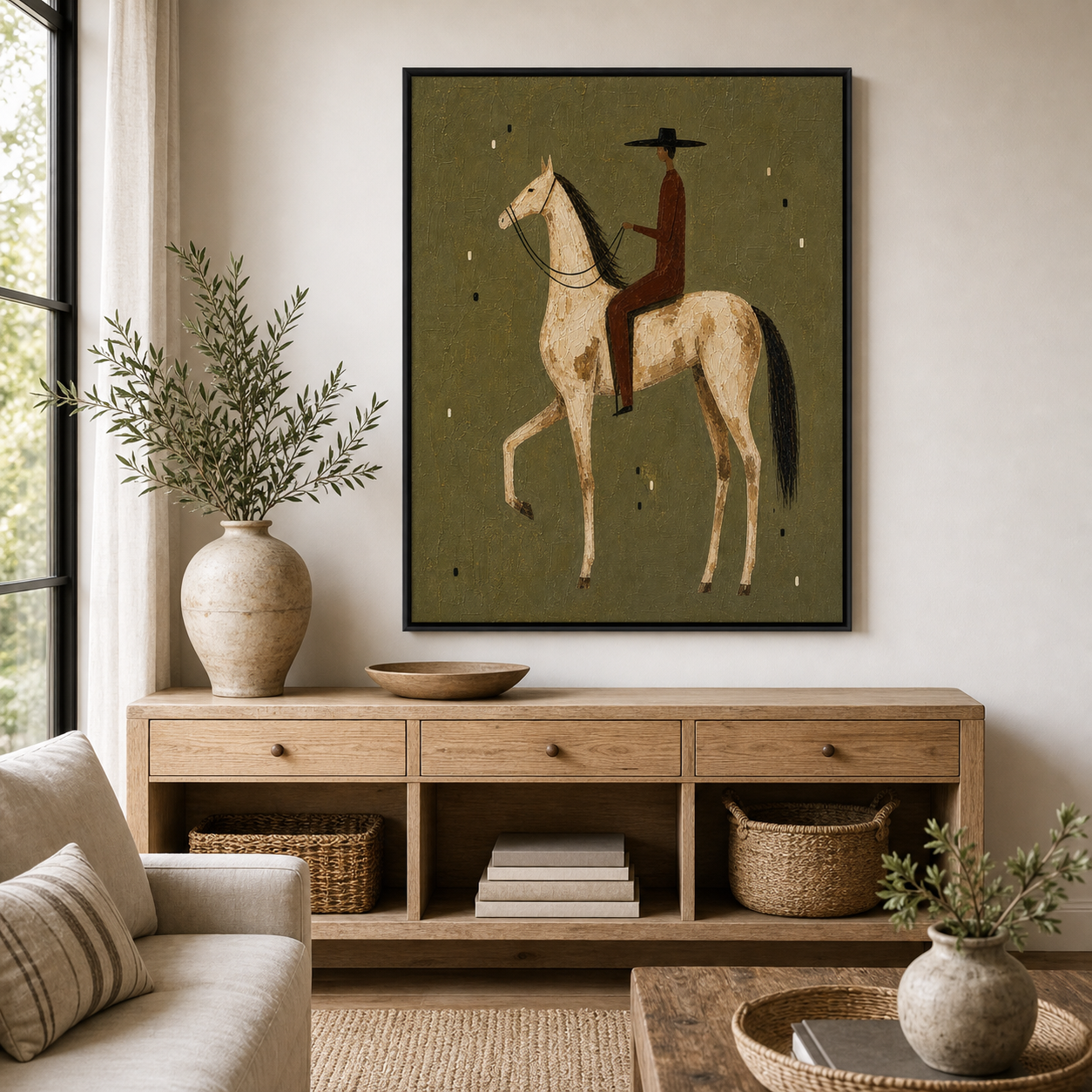 Hand Painted Western Horse Oil Painting, Cream Horse Rider Framed Canvas Wall Art