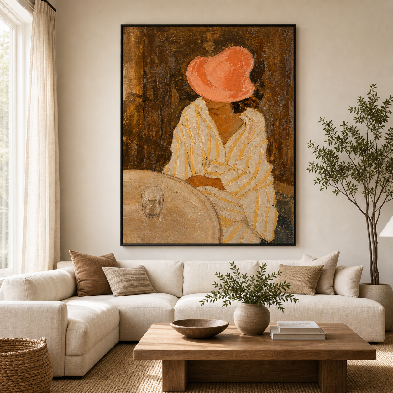 Original Hand Painted Oil Painting, Woman in Coral Hat Framed Canvas Wall Art for Dining Room Decor
