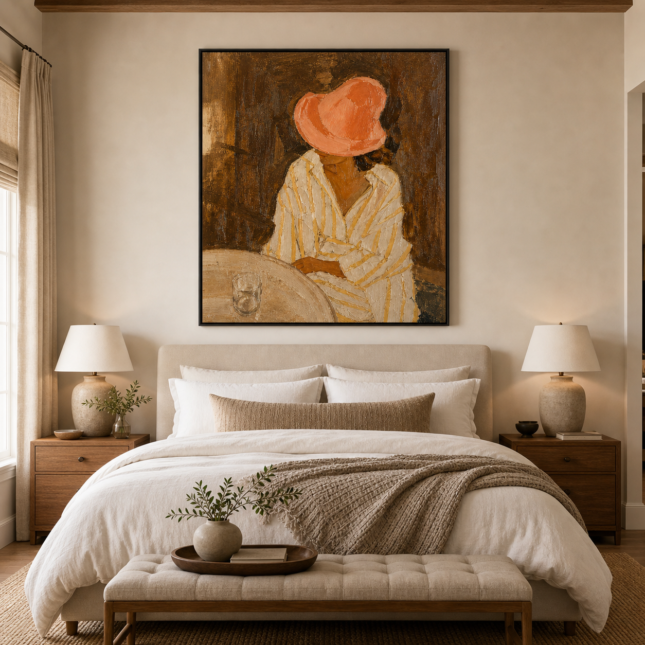 Original Hand Painted Oil Painting, Woman in Coral Hat Framed Canvas Wall Art for Dining Room Decor